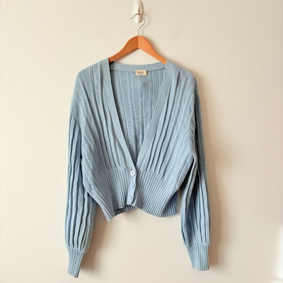 Aritzia Wilfred Thais Knit Plunge Sweater Cardigan Wool Cotton Light Blue Size L - Picture 2 of 5